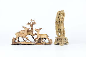 中国美術　玉石　青田石　細密彫刻　老人彫　と　鹿彫　置物　3c8-7