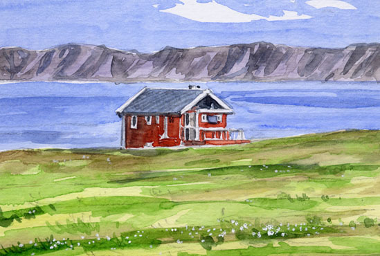 Nr. 8473 Ein Haus auf dem Grasland Norwegen, Kofjord / Chihiro Tanaka (Vier Jahreszeiten Aquarell) / Kommt mit einem Geschenk, Malerei, Aquarell, Natur, Landschaftsmalerei