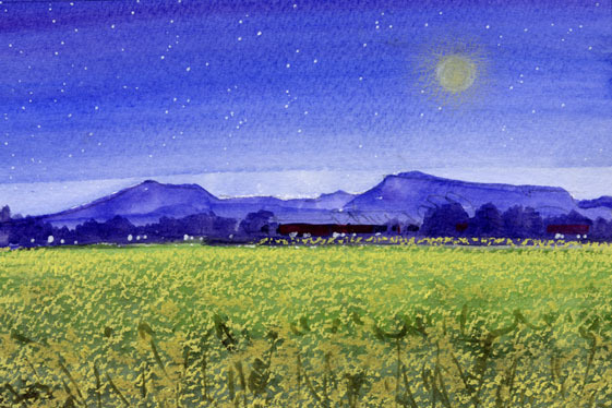 N° 6472 Fleurs de colza au clair de lune / Chihiro Tanaka (Aquarelle des Quatre Saisons) / Livré avec un cadeau, Peinture, aquarelle, Nature, Peinture de paysage