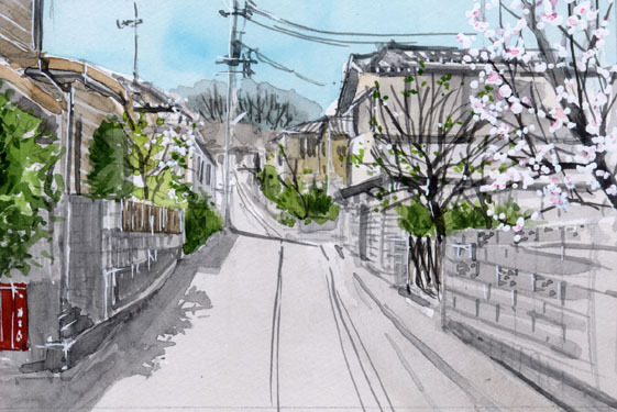 No. 6097 Early Spring at Hirayamaen/Naganuma-cho Hirayamaen, Hachioji City / Chihiro Tanaka (Four Seasons Watercolor) / Comes with a gift, Painting, watercolor, Nature, Landscape painting