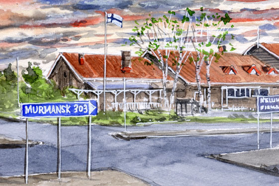 No. 6146 Crossroad to the border/Ivalo, Finland / Chihiro Tanaka (Four Seasons watercolor) / Comes with a gift, Painting, watercolor, Nature, Landscape painting