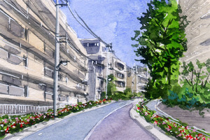 Art hand Auction No. 6539 Les collines de la 5e rue / Koishikawa 5e rue, Bunkyo Ward / Peint par Chihiro Tanaka (Aquarelle Four Seasons) / Livré avec un cadeau, Peinture, aquarelle, Nature, Peinture de paysage