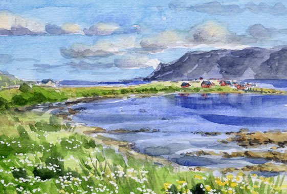 N° 8474 Korfjord, Norvège / Chihiro Tanaka (Aquarelle Quatre Saisons) / Livré avec un cadeau, Peinture, aquarelle, Nature, Peinture de paysage