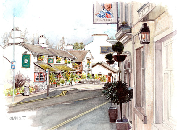 □No. 8682 Windermere Street Corner England, UK / Illustration by Kimiko Tanaka / Comes with a gift!, Painting, watercolor, Nature, Landscape painting