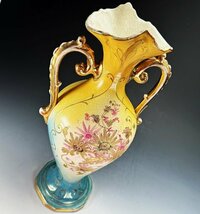 【19世紀】イギリス アンティーク バロック様式 金彩 金盛 花図紋 両耳 超大型花瓶 40cm超！ 飾壺 B01048_画像9
