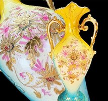 【19世紀】イギリス アンティーク バロック様式 金彩 金盛 花図紋 両耳 超大型花瓶 40cm超！ 飾壺 B01048_画像1