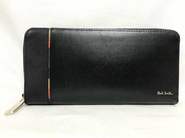 ○★訳有り 新品未使用箱付　Paul Smith (ポールスミス)　インセットストライプ　ラウンドファスナー長財布　ブラック★○