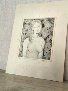 エッチング　古い銅版画　昭和　花と女性　s.tanaka 絵画　美人画　