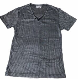 ■セマンティックデザイン■ 光沢シルバーVネック半袖Tシャツ サイズM