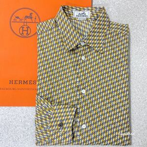 完全正規品 極美品 M～L（41） Hermes エルメス Hロゴ総柄 長袖シャツ コットン セリエボタン グレー×イエロー×ホワイト ショッパー