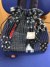 紅・・・ハンドメイド　絣　刺し子　巾着手提げ_画像6