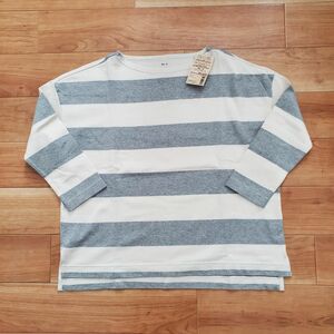 【新品】MUJI　無印良品　ボーダーカットソー　大きめ　ドロッブショルダーTシャツ シャツ　XS～S　ライトグレー