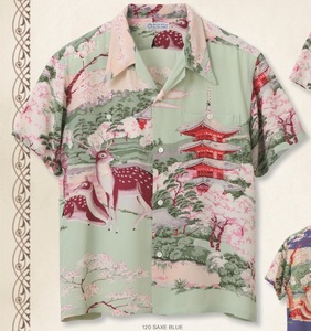 SUN SURF　L　興福寺　SS37858　THE PAGODA IN FULL BLOOM　五重塔　鹿　和柄　サンサーフ　アロハシャツ　Hawaiian shirt　JAPAN　桜　寺