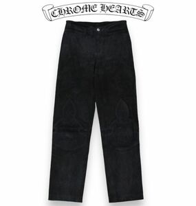 良品 CHROME HEARTS クロムハーツ クロスボール ボタン フレアニー スエード レザー パンツ サイズ１ ブラック USA製 正規品