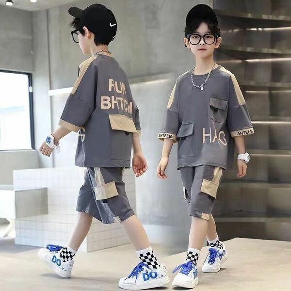 キッズ 子供服 セットアップ 上下セット 2点セット Tシャツ+ショートパンツ 男の子 春夏 ゆったり 可愛い ジュニア KSFB004（2色120-170）