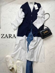 ZARA ザラ★タグ付き未使用★大人素敵★異素材×ストライプ コントラスト ポプリンシャツ ワンピース ロング丈 羽織★Mサイズ yz0335