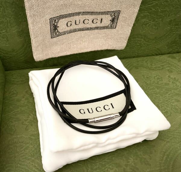 【即決/送料込み】正規品 GUCCI/グッチ レザーチョーカー/革紐/ネックレス ブラック×シルバー(50cm)