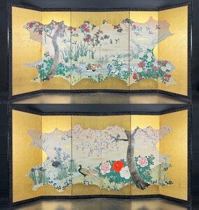 【都屋】24d　金台肉筆 松本方湖 筆 花鳥図 屏風 高さ 約173.5cm 六曲一双 紙本 四季草花 日本画 金屏風