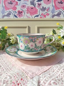 未使用☆ノリタケ アイボリーチャイナ レトロ ポップ 花柄 カップ&ソーサー 1客セット Noritake ビンテージ ファンシー