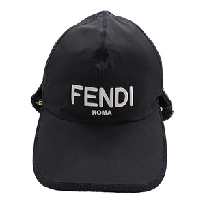 フェンディ FENDI キャップ レディース メンズ ブランド 帽子 フライトキャップ ナイロン ブラック FXQ679 Sサイズ ボア 取外し可能 ロゴ