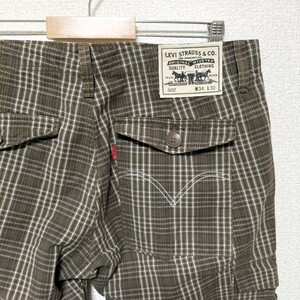 ☆Levi's 502 カーゴパンツ チノパン ワーク ミリタリー ストレート ボトムス W34 カーキ チェック柄 アメカジ リーバイス 廃盤 古着 USED