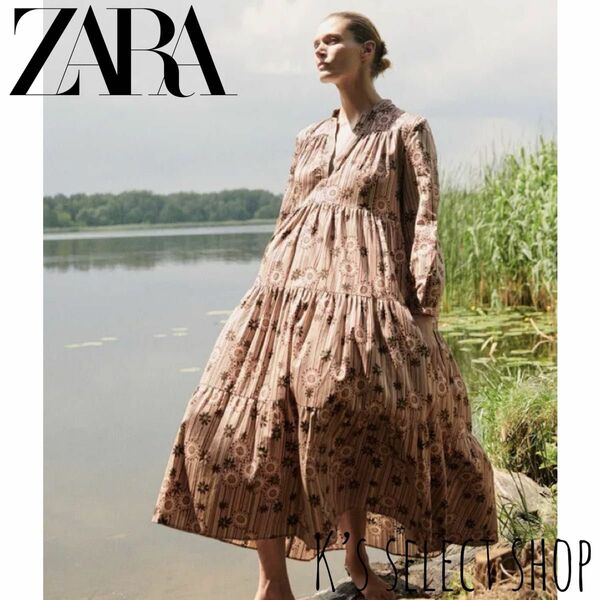 美品【ZARA ザラ】ストライプ フラワープリント ロングワンピース M