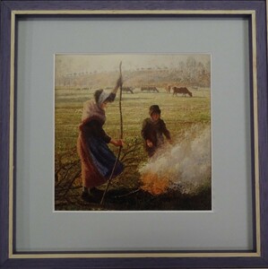 ・作者名：　・カミーユ・ヒサロ　・画題：　・白い霧焚き火をする若い農婦　・技法：　・複製画