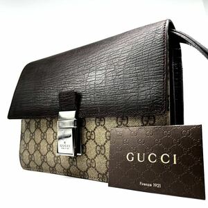 1円《 正規品・廃盤 》GUCCI グッチ クラッチバッグ メンズ GG スプリーム レザー フラップ 手提げ 小物入れ 金具 ブラウン 茶 ベージュ