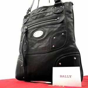 1円《 正規品・美品 》BALLY バリー トートバッグ ハンドバッグ レザー メンズ ブラック 黒 シルバー金具 スタッズ ロゴプレート A4◎ PC◎