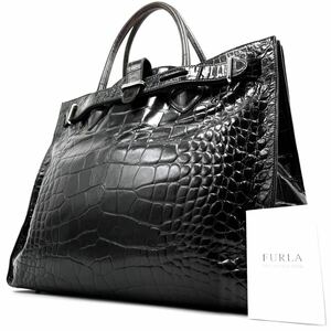 1円《 美品・高級 》FURLA フルラ ビジネス トートバッグ メンズ クロコ型押し レザー 大容量 A4 PC収納◎ ユニセックス ダークブラウン