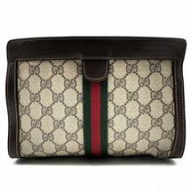 1円《 正規品 》GUCCI グッチ クラッチバッグ ハンドバッグ メンズ シェリーライン GG スプリーム レザー PVC 手持ち ステッチ ベージュ_画像2