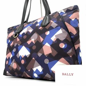 1円《 美品 》BALLY バリー ビジネス トートバッグ メンズ レディース 大容量 肩掛け ジップ付 A4 PC◎ 総柄 ゴールド金具 レザー ナイロン