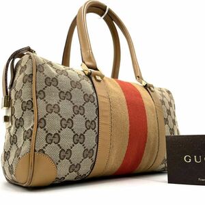 1円《 正規品・希少色 》GUCCI グッチ GG ミニボストンバッグ ハンドバッグ シェリーライン レザー キャンバス レディース 自立 ベージュ