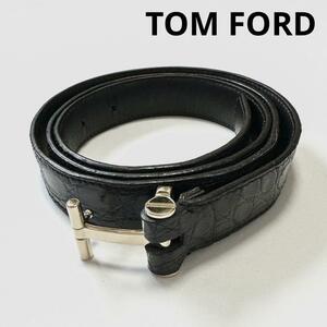 美品 TOM FORD トムフォード クロコ 本革 ベルト クロコダイル 95/38 ブラック ゴールド T-LINE Tライン レザー ロゴ メンズ 黒 金