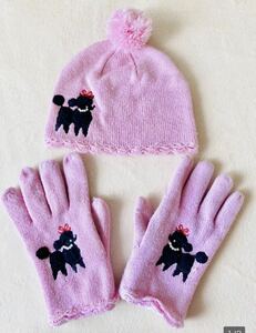 ピンク　プードルワンポイント付きニット手袋 ニット帽　おしゃれ グローブ　手袋 ニット手袋 ニットグローブ 冬あったか