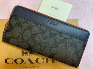 COACH コーチ　長財布　ネイビーオレンジグレー　新品　アウトレット