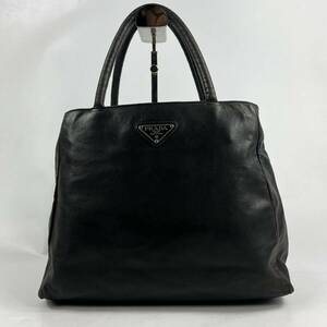 1円〜【入手困難品】 PRADA プラダ ハンドバッグ オールレザー ブラック 黒 ナイロン トライアングルロゴ 羊革 本革 鞄 メンズ レディース