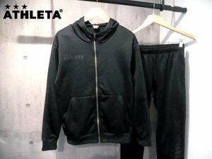 ATHLETA アスレタ/ジャージ パーカー × ジョグパンツ セットアップ M/ロゴプリント 上下セット/杢ブラック/サッカー フットサル/程度良好