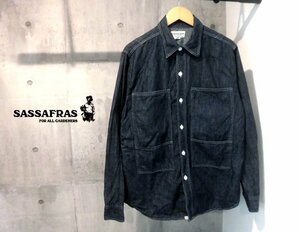 美品 SASSAFRAS ササフラス インディゴ デニムシャツ L/ワークシャツ/長袖シャツ/濃紺/メンズ/日本製