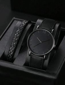 【新品】メンズ ウォッチ 男性用 腕時計 黒 クォーツ 時計とブレスレット ブラック 送料込