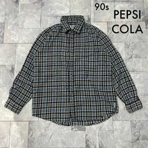 90s PEPSI COLA ペプシコーラ フランネルシャツ チェックシャツ 企業物 ヴィンテージ 長袖 ブルー サイズL 玉SS1533_画像1