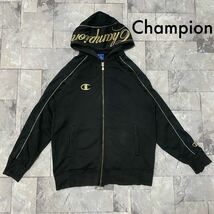 Champion チャンピオン sweat hoodie スウェットパーカー ジップアップパーカー 金刺繍ロゴ ゴールド ブラック サイズL 玉FL3511_画像1