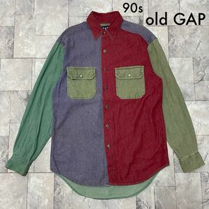 90s old GAP オールドギャップ パッチワークシャツ 長袖 メタルボタン ワークシャツ 胸ポケット ヴィンテージ USA企画 サイズS 玉SS1606
