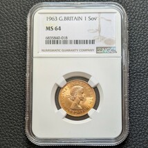 ★1円スタート 金貨 鑑定 1963年 イギリス ヤングヤングエリザベス 1ソブリン金貨 1SOV ロイヤルミント 鑑定 NGC MS64 金貨,銀貨を多数出品_画像2