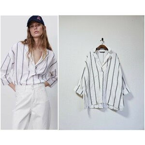 ザラ ZARA ゆったりシルエット♪ナチュラルコットン100％♪ストライプ シャツ ブラウス 白 ホワイト