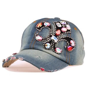 豪華キャップ デコレーション 帽子 カラーストーン デニム ヴィンテージ風