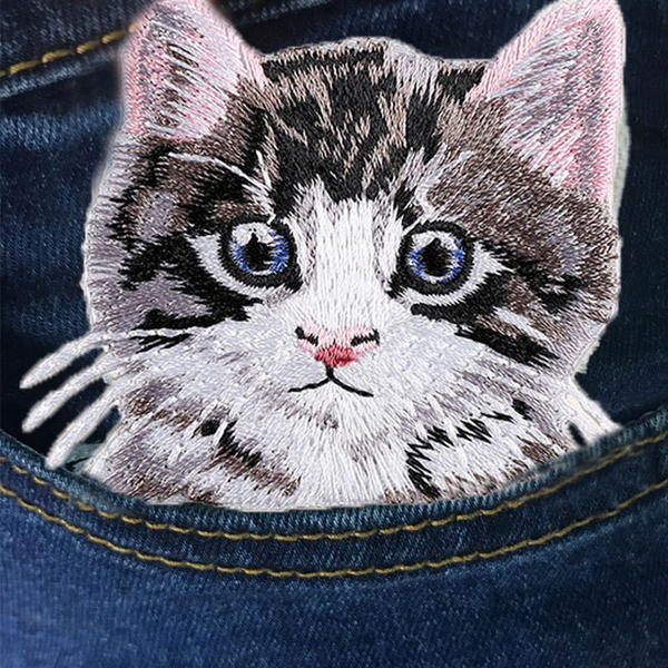 ワッペン　アイロン接着　刺繍　ポケット　衣類　ペット　ピンクみみ猫　ねこ