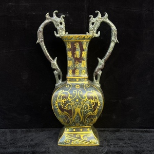 珍藏 中国漢代の青銅錯金双龍扁瓶です 青銅器 時代物 中國古美術 置物 賞物 唐物 LBH02