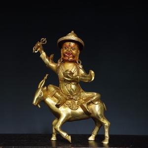 中國 清代 チベット仏教 銅製塗金 騎羊護法 仏像 仏教古美術 供養品 細密彫 時代物 置物 中国古美術 唐物 YF311
