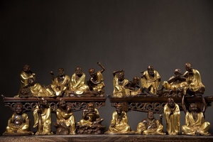 中國 清代 乾隆年制 仏像 銅製塗金 十八羅漢造像一式 仏教古美術 供養品 細密彫 時代物 置物 中国古美術 唐物 TWB137